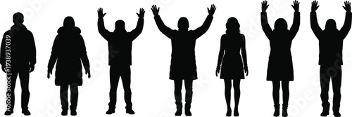 People raising hands silhouettes set, men and women standing with raised arms gesture isolated crowd participation concept for celebration protest