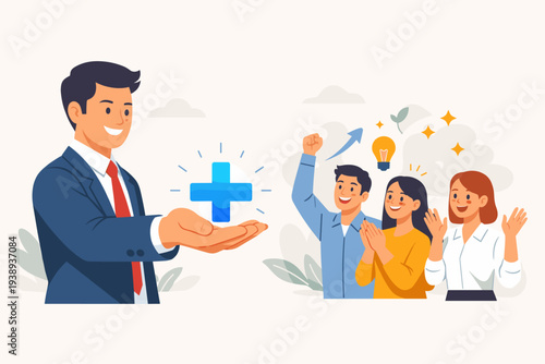 Businessman holding a glowing blue plus sign symbol representing positive attitude and growth mindset while a group of happy employees cheers and claps for success and motivation at work.