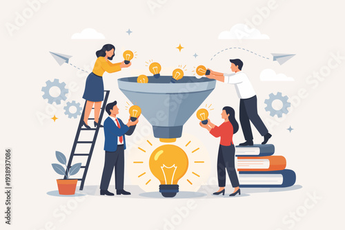 Business Team Brainstorming and Putting Light Bulb Ideas into a Funnel to Create a Final Solution. Concept of Innovation, Creativity, Teamwork, and Strategic Thinking for Problem Solving Success.
