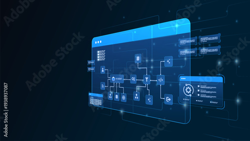 AI workflow automation artificial intelligence. ai agent network diagram machine learning node user, flow process, API integration and automation system.