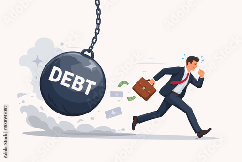 Businessman in Suit Running Away from Giant Wrecking Ball Labeled Debt, Concept of Financial Crisis, Economic Burden, Loan Liability, Credit Failure, Bankruptcy and Money Loss Illustration