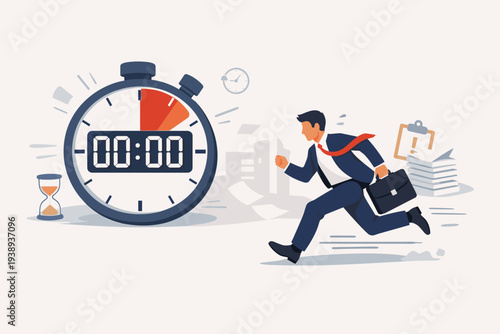 Businessman Running Against Large Stopwatch and Hourglass, Concept of Deadline Urgency, Work Pressure, Time Management, and Stressful Business Environment Flat Vector Illustration