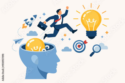 Businessman jumping from a human head with a lightbulb towards a larger glowing bulb, symbolizing brainstorming for a new business idea, creative solution, innovation, and startup success vision.