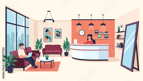 Elegant and modern interior of a hotel lobby or office reception area featuring a front desk, comfortable sofas, and a large mirror.