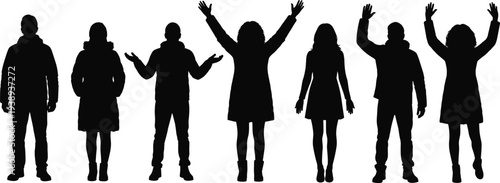 People standing silhouettes with raised hands gestures, men and women human figures isolated for celebration protest participation concept