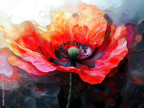 Red poppy petals scattering in a vibrant digital burst