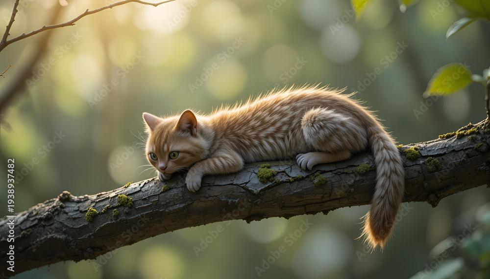 Fototapeta premium A serene orange kitten resting on a tree branch in nature
