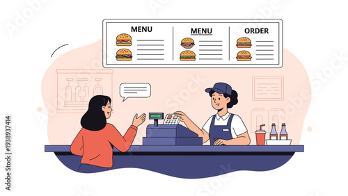 Customer ordering food at a fast food restaurant counter with a female cashier standing behind the cash register.