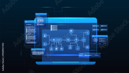 AI workflow automation artificial intelligence. ai agent network diagram machine learning coding flow process and automation system.