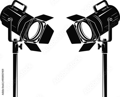 Studio stage light spotlight silhouette vector set, professional film and photography lighting equipment isolated on white background, cinema production illustration