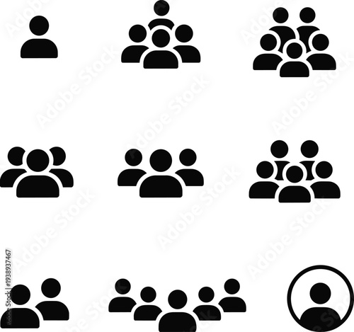 User group icon set, people team silhouettes collection, community members symbols, social network, leadership and teamwork icons isolated