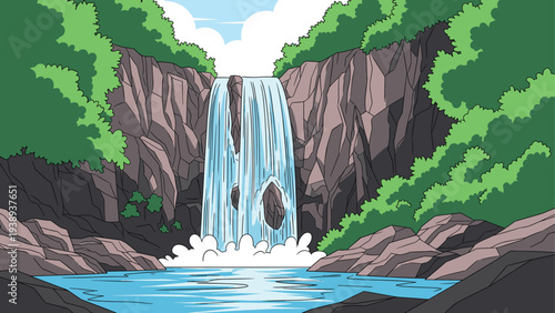 Scenic waterfall cascading down rocky cliffs into a blue pond surrounded by lush green trees under a bright blue sky.