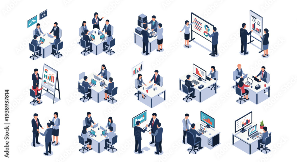 Fototapeta premium Comprehensive collection of isometric business icons depicting diverse professional activities like meetings and presentations.