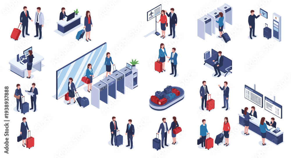 Fototapeta premium Comprehensive isometric collection of airport scenes and characters including passengers, security gates, and staff.