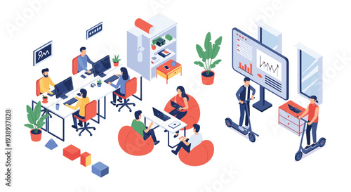 Creative and flexible office environment featuring employees working at desks, relaxing in bean bags, and using scooters.