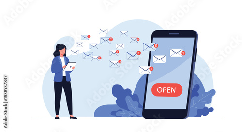 Professional woman using a digital tablet to manage a large volume of incoming emails on a giant smartphone screen.