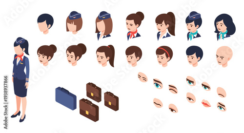 Detailed isometric character creator set for a flight attendant featuring various heads, bags, and facial expressions.