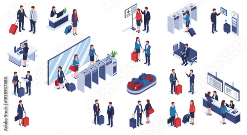 Comprehensive isometric collection of airport scenes and characters including passengers, security gates, and staff.