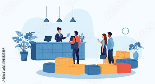 Customers waiting in a tidy line to be assisted by a professional receptionist at a modern hotel or service counter.