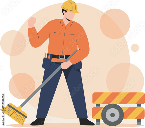 Construction worker sweeping street with broom near road barrier, maintenance service employee wearing safety helmet, urban cleaning and public works vector illustration