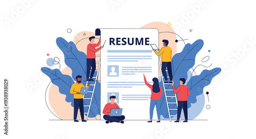 Collaborative group of professionals working together to build and refine an impressive giant resume for job applications.