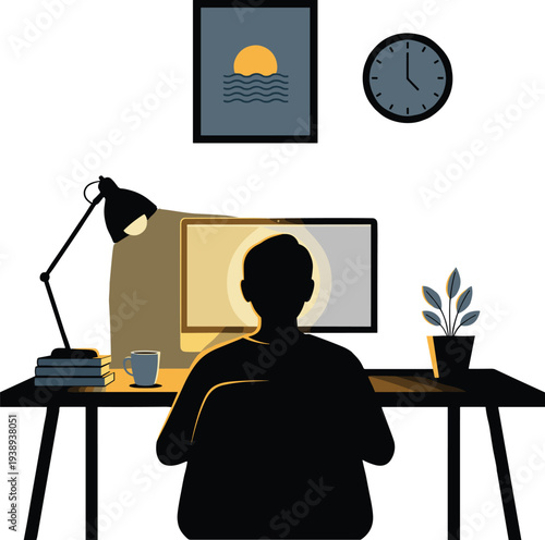 Man working late at desk with computer in home office, night productivity workspace with lamp, clock and coffee silhouette vector illustration