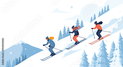 Active group of three skiers enjoying a downhill run on a scenic snowy mountain slope with pine trees.