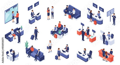 Detailed set of isometric airport terminal scenes showing check-in counters, information desks, and passenger security checks.