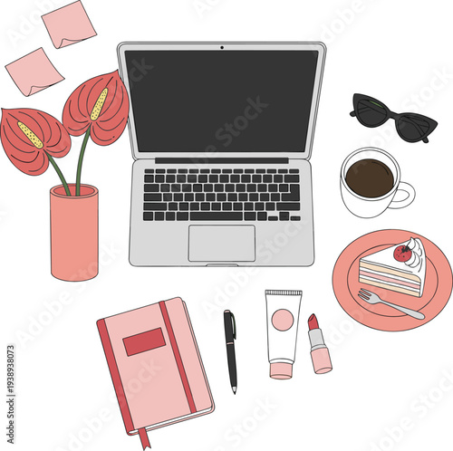 Flat lay workspace with laptop, coffee cup, notebook, flowers, cosmetics and dessert, modern lifestyle desk setup for creative work and productivity illustration