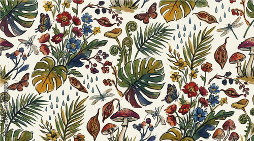 Lush repeating hand drawn botanical seamless pattern in vivid colorful style