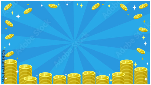 Background image of point coins and blue sunburst. Vector illustration. There is space for text in the center.