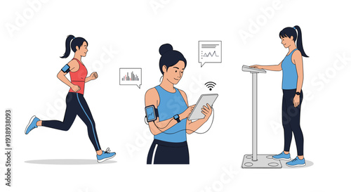 Comprehensive health and fitness monitoring concept featuring a woman running, tracking data on a tablet, and measuring weight.