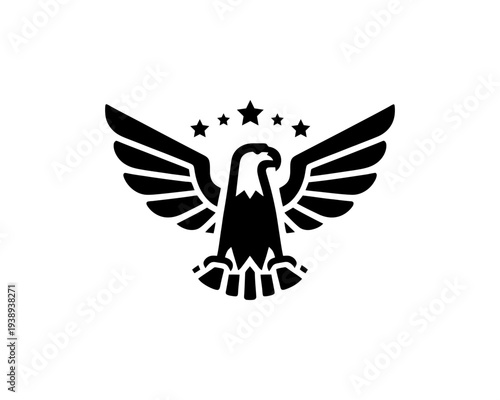 Black Eagle with Wings Spread and Stars Above Emblem Heraldic Symbol Logo