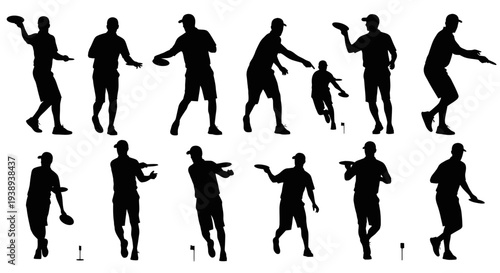 Disc Golf Silhouettes: Player Poses and Actions on White Background