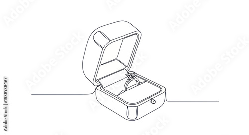 Elegant Diamond Ring in Open Jewelry Box, Continuous Line Art Drawing