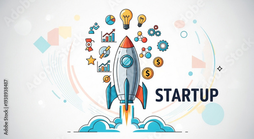 Startup success concept with rocket launch illustration
