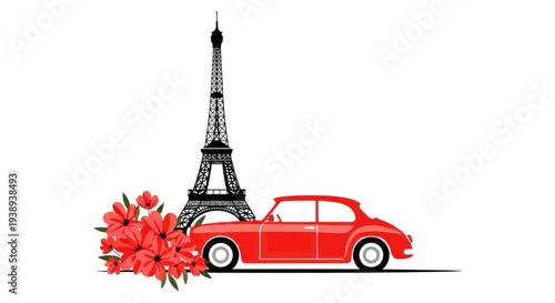 Parisian Romance: Red Vintage Car, Eiffel Tower, and Blooming Flowers