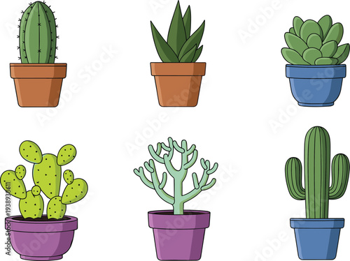 Cactus And Succulent Houseplant Collection Featuring Six Different Indoor Plant Varieties Including Prickly Pear Aloe And Saguaro In Colorful Flowerpots Set