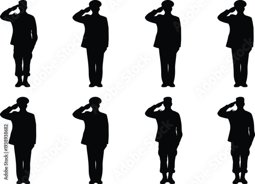 Collection of eight diverse black silhouette figures of soldiers in uniform saluting, isolated on a white background.
