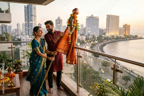 Indian couple celebrating Gudi Padwa festival on high rise balcony