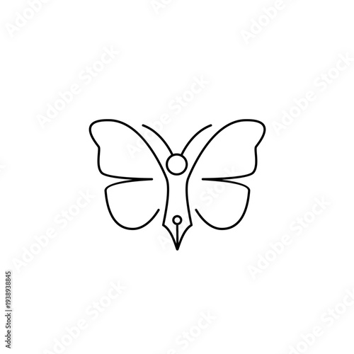 Minimalist Line Art Logo of Butterfly and Fountain Pen Combination Symbolizing Writing, Creativity, and Literary Expression