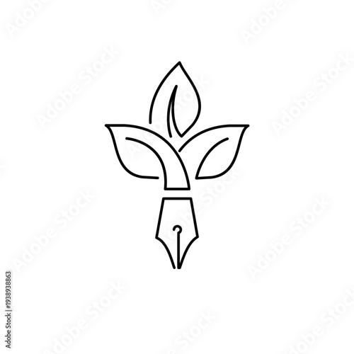 Fountain Pen Nib and Leaves Line Art Logo Representing Creative Writing and Nature