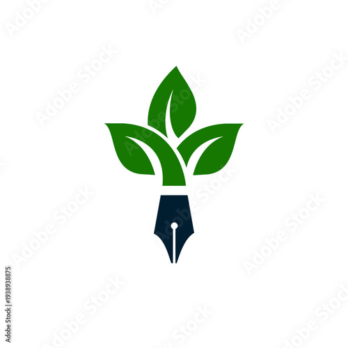 Green Leaf and Fountain Pen Logo for Nature Writing and Sustainable Education