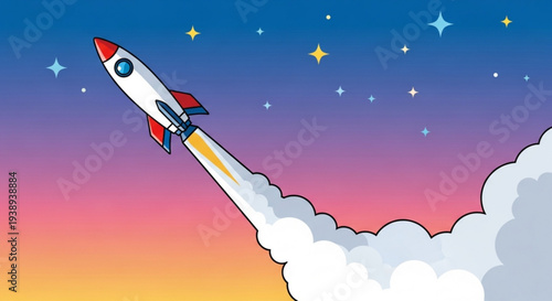 Vibrant cartoon rocket launching into colorful starry sky