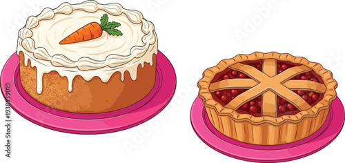 Carrot cake, cherry pie, dessert illustration, sweet treats, bakery art, food drawing, pink plate, icing swirl, lattice crust, cherries