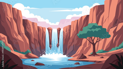 Majestic waterfall cascading between tall red rock canyons into a tranquil river with a single tree in the foreground.