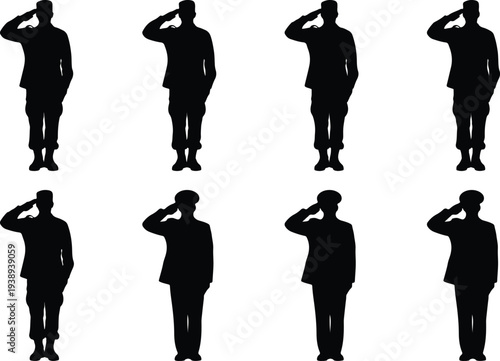 Collection of eight black silhouettes of soldiers in uniform saluting, representing military service, respect, and national pride with a clean white background.