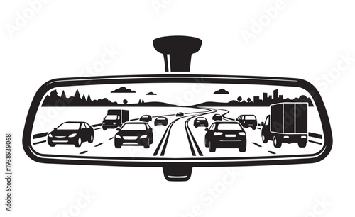 Car's rearview mirror with view in it Icon Silhouette vector black design on a white background