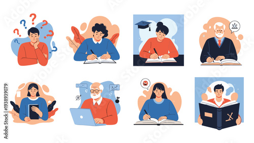 Collection of diverse people engaged in academic activities such as studying, writing in journals, reading, and researching.