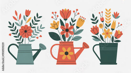 Colorful flowers in watering cans on white background gardening tools with vibrant blooms spring and summer decoration